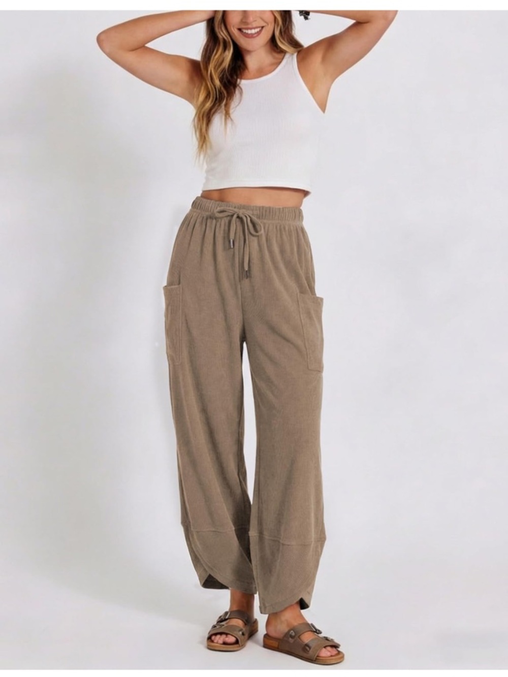 Women’s Relaxed Drawstring Wide-Leg Pants in Taupe